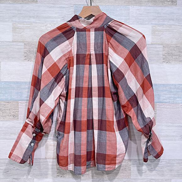 JOIE Dia Plaid Henley Double Cloth Top Brown Orange 3/4 Sleeve Cotton Womens XS - Picture 4 of 9